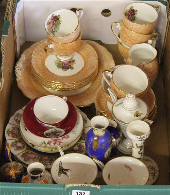 Hand painted porcelain vase and cover, 2 similar cups and saucers, a Russian cup & saucer and other decorative ceramics